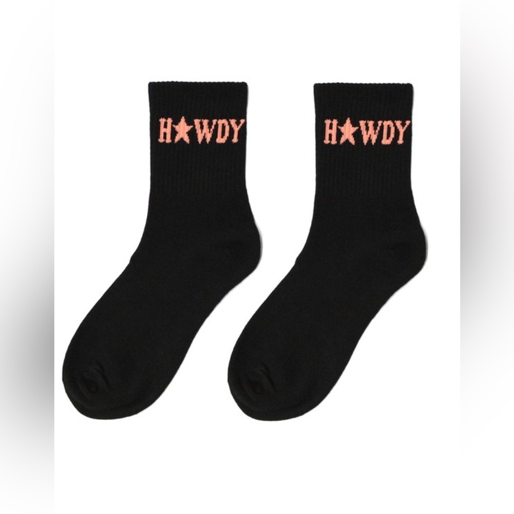 The "Howdy" Socks Black Crew Socks w/ Pink Lettering (One Size)